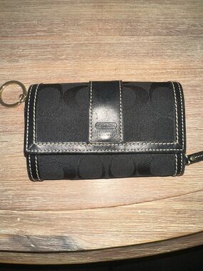 Coach Black Signature Jacquard Trifold Wallet with Gold Ring